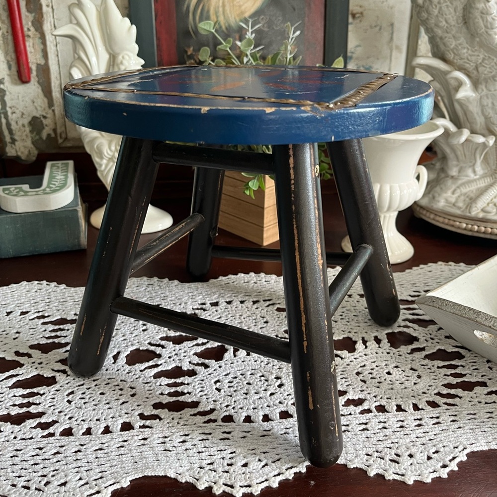 Rustic Blue and Black Wooden Stool - Picture 3 of 16